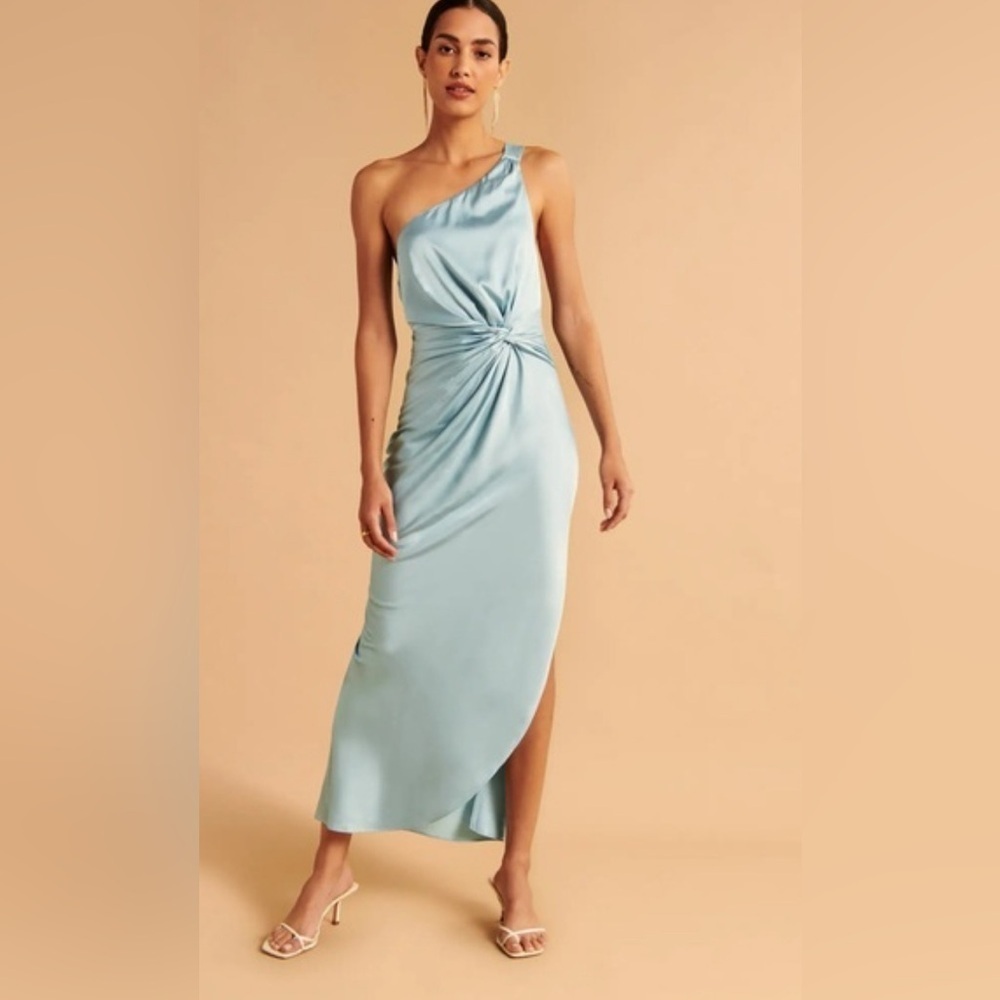 Abercrombie & Fitch One Shoulder Satin Dress Light Blue Knot Detail Size L